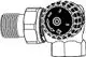 Schwarzes Thermostatventilunterteil mit Winkelanschluss und einstellbarem Widerstand. Hersteller: IMI Hydronic Engineering.